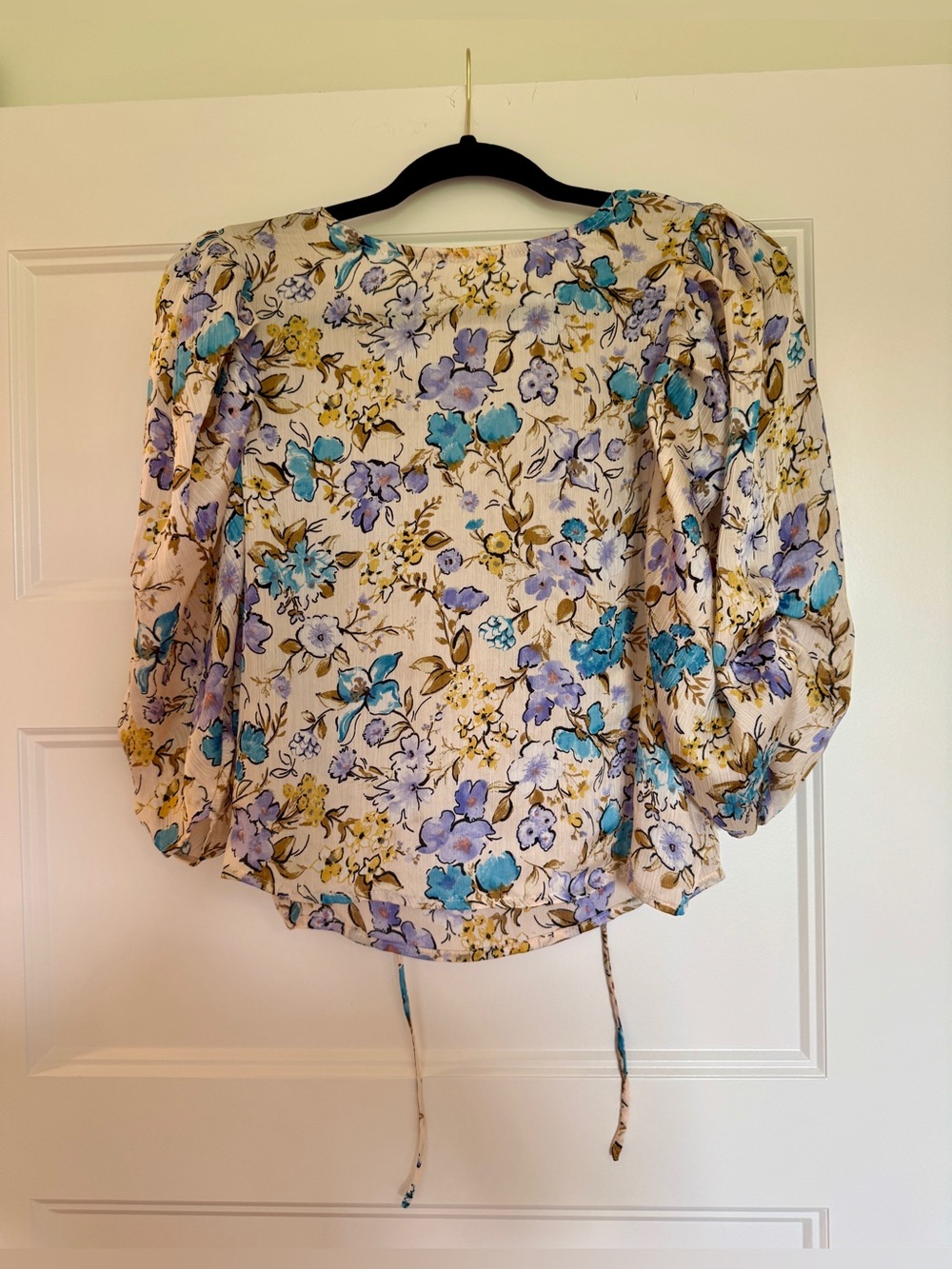Ellison Women’s Floral Tie-Back Blouse in Cream, Blue, and Purple
